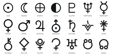 Vector set astrology and astronomy planet symbols. Outline icons for horoscope.