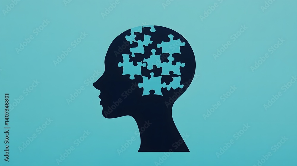 Poster silhouetted head with puzzle pieces symbolizing problem-solving and innovation