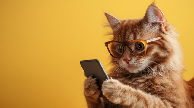 A fluffy ginger cat wearing glasses and using a smartphone, showcasing a whimsical and amusing portrayal of modern technology in a fun and light-hearted manner.