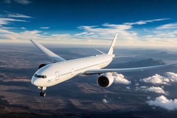 Obraz premium A cargo plane flies efficiently through a clear blue sky scattered with soft white clouds, highlighting the importance of air freight in global trade and delivery