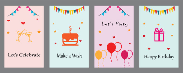 Happy birthday card set, banner or template with cake, balloons, party drink and gift box decoration element for birthday celebration greeting card design. Vector illustration editable file.