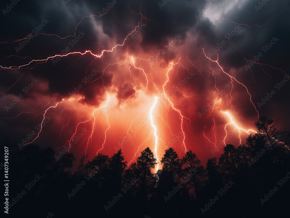 Poster red sprites flashing as lightning extends upward, reaching the storm tops and space above