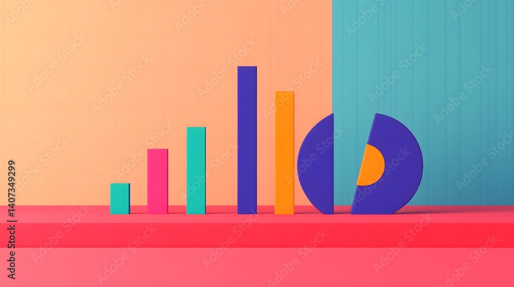 Poster colorful financial data visualization with bar charts and pie graphs illustrating business analytics