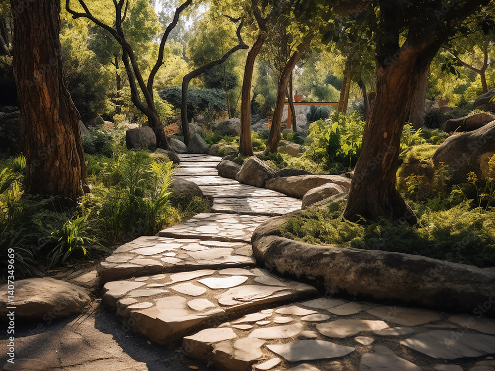 Poster reflexology paths with varying stone textures connecting garden views with dappled light