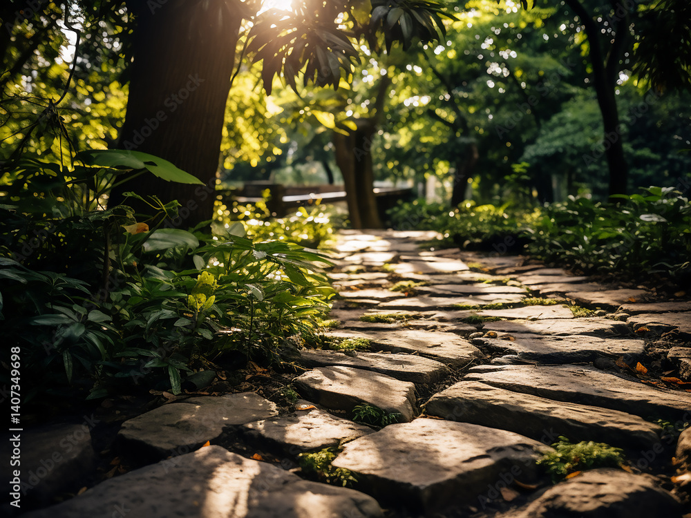 Aufkleber reflexology paths connecting stone textures with garden views and light filtering through