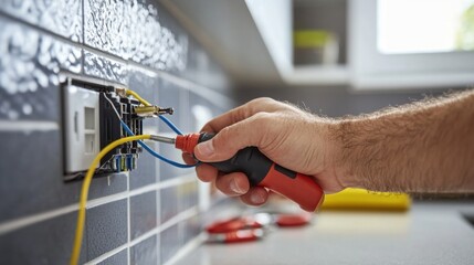Electrician wiring an outlet in a kitchen. Featuring expertise and accuracy