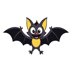A cute Halloween bat cartoon with big, sparkly eyes, tiny fangs, and oversized wings, flying joyfully against a moonlit sky, spreading spooky yet adorable vibes!