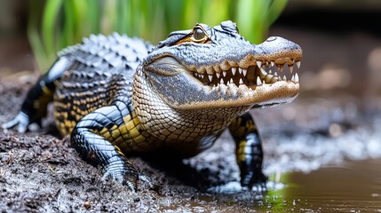 Obraz premium Alligator in marsh, head and shoulders, alert, water ripples in background