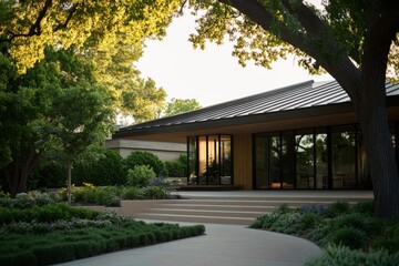 Fototapeta premium Contemporary house features sleek black metal roofing and light wood siding, surrounded by lush greenery and designed with a bright, minimalist approach