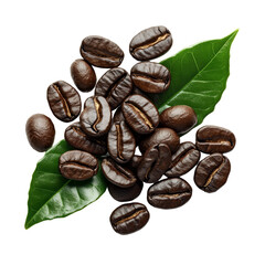 Obraz premium Freshly roasted coffee beans with vibrant green leaves on a transparent background showcasing quality and aroma, fresh roast coffee beans and leaf on transparent background