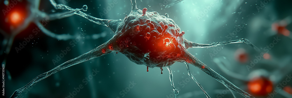 Poster colorful neuron network shows neural activity with glowing synapses. scientific setting in dark atmo