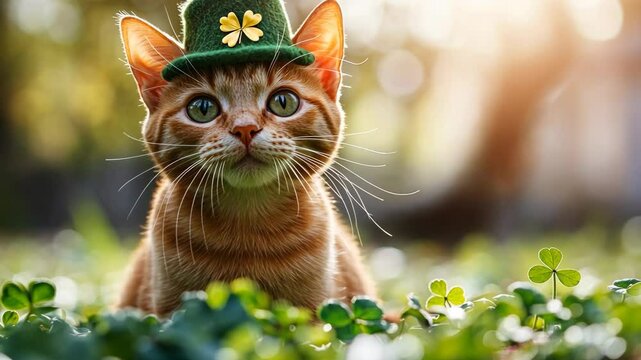 Adorable ginger cat sitting in clovers, wearing a green hat with a shamrock, celebrating St. Patrick's Day in sunny nature.