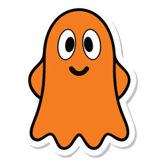 Spooky orange Halloween sticker featuring a haunted ghost with eerie eyes, floating in mist. Perfect for trick-or-treat bags, invites, or creepy party decor!