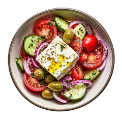 Fresh Greek salad with feta cheese, tomatoes, cucumbers, red onions, and olives in a white bowl, top view on transparent background.