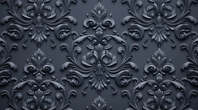 Elegant dark gray baroque damask pattern seamless texture background 3d art home royal style decor