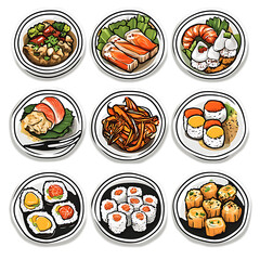 A graphic representation of a diverse range of Asian dishes, including sushi, seafood, and stir-fries.