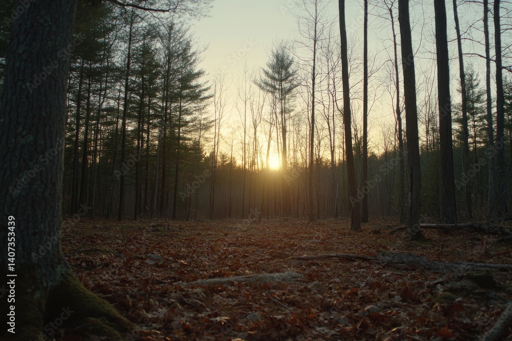 Aufkleber sun rays illuminate the forest floor covered in fallen leaves, creating a tranquil atmosphere during