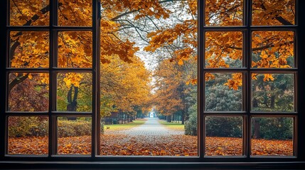 Autumnal park view through paned window golden leaves pathway scenery red fall wood trees image frame