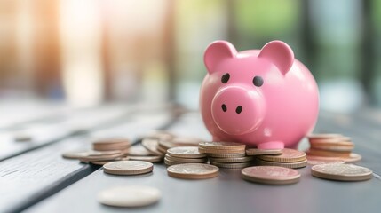 Saving money with a pink piggy bank surrounded by coins on a wooden table in a well-lit environment