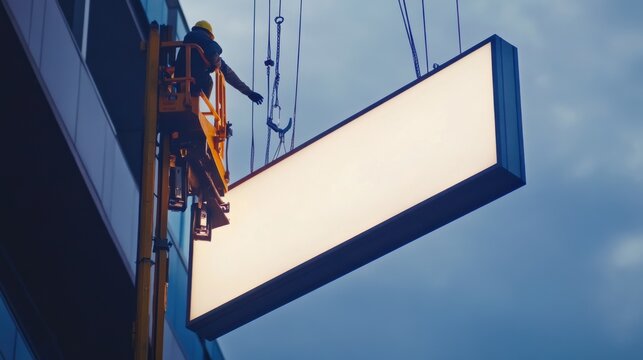 Signage installer mounting a large illuminated sign on a commercial building. Featuring precision and safety