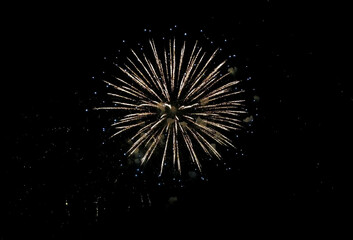 Stunning firework display against a dark night sky. Golden sparks radiate outwards, creating a...