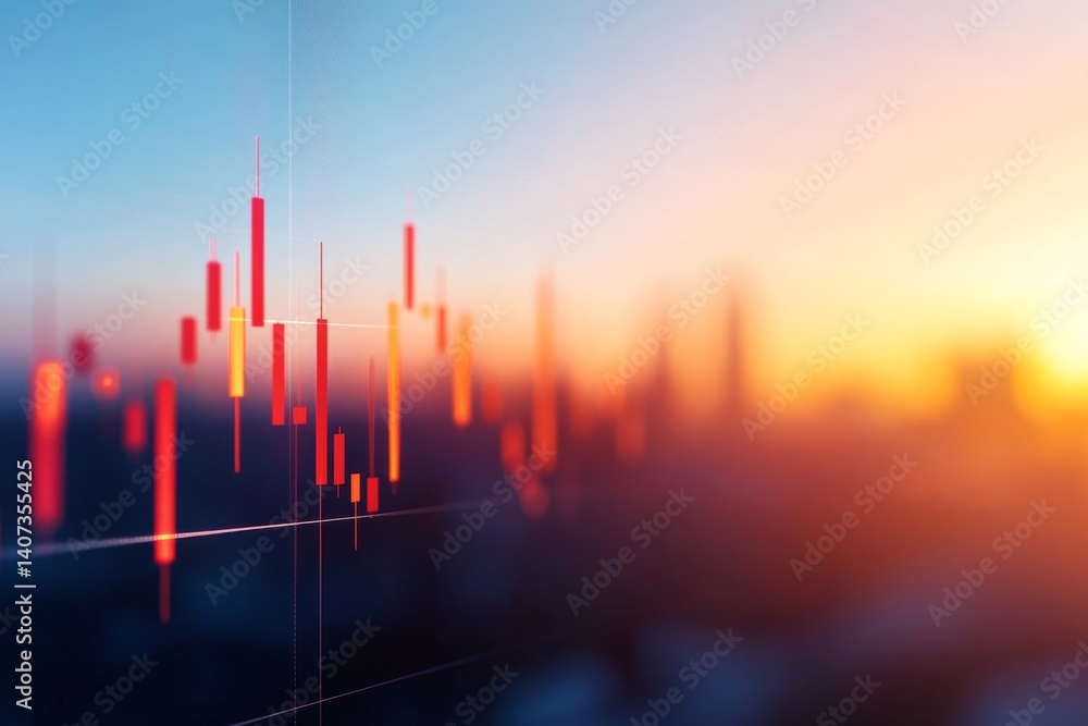 Aufkleber wide-angle view of a financial district skyline at sunset, enhanced by translucent candlestick chart
