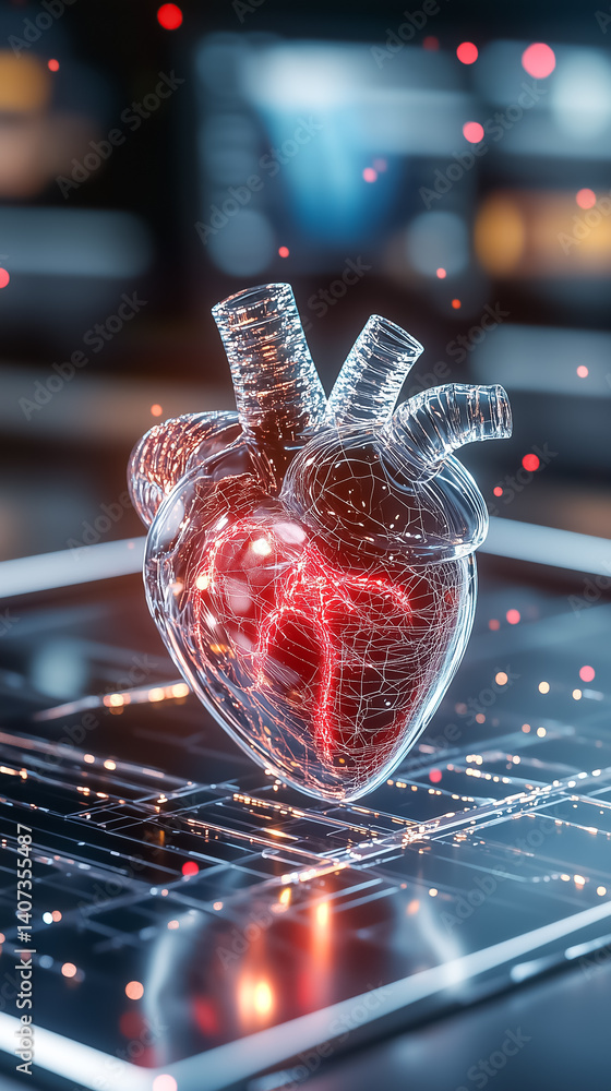 Poster futuristic 3d digital heart model glowing in intricate detail. high-tech setting with abstract light