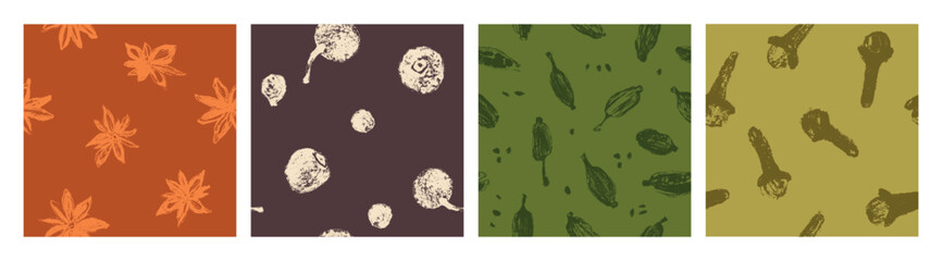 Vector set of seamless spice patterns featuring cardamom, clove, peppercorn, and anise. Perfect for packaging, textiles, cosmetics, and extended commercial licenses.