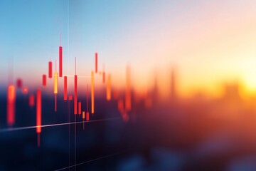 Wide-angle view of a financial district skyline at sunset, enhanced by translucent candlestick charts and digital indicators depicting economic progress and innovation