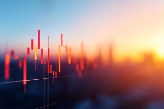Wide-angle view of a financial district skyline at sunset, enhanced by translucent candlestick charts and digital indicators depicting economic progress and innovation