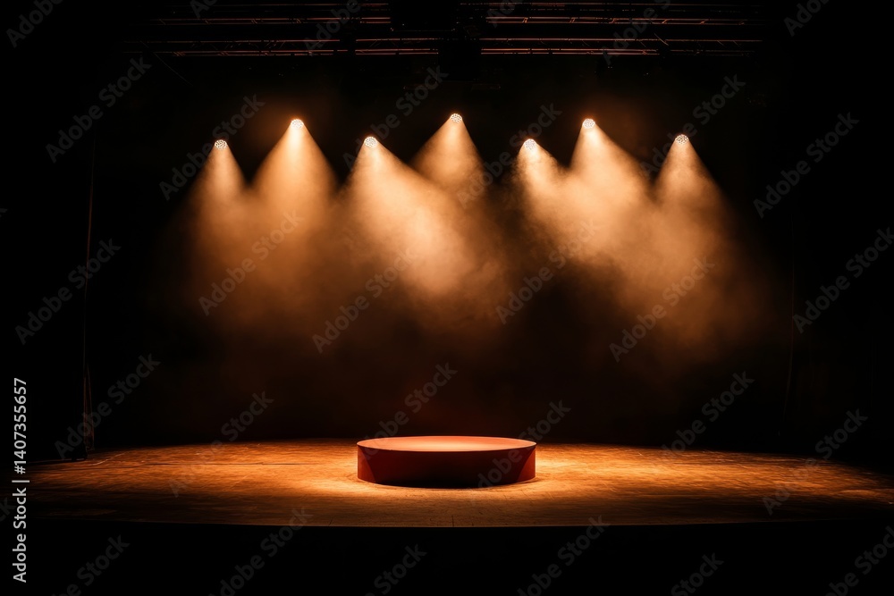 Poster an empty theater stage is highlighted by spotlights that create a dramatic atmosphere. a red circula