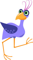 Purple running bird attentively turning its head