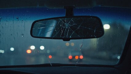 A car's rear view mirror is shattered, and the reflection of the street lights can be seen through the broken glass