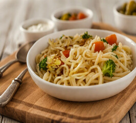 Fried Noodles Served in a White Bowl with Carrots and Broccoli, Spoon and Fork on the Side, with Sauces in Small Bowls in the Background