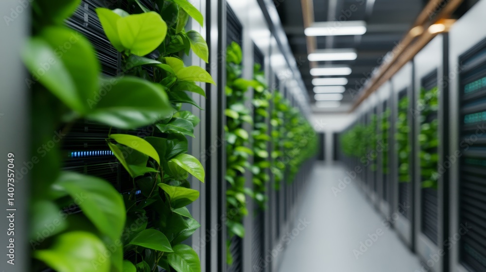 Poster modern data center showcasing sustainable design elements with greenery integrated into server racks