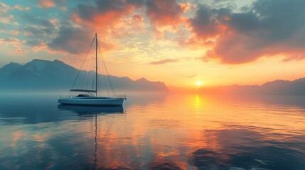 Fototapeta premium A 3D-rendered luxury sailboat with sleek modern lines, gliding smoothly on a glassy sea at sunrise, surrounded by distant mountains 