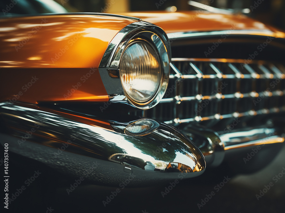 Poster retro car design with gleaming chrome and aerodynamically flowing lines suggesting speed