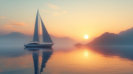 A 3D-rendered luxury sailboat with sleek modern lines, gliding smoothly on a glassy sea at sunrise, surrounded by distant mountains 