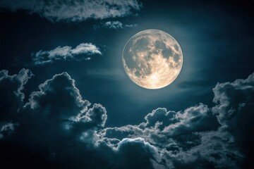 Obraz premium Full moon shines brightly in a dark blue night sky with clouds.