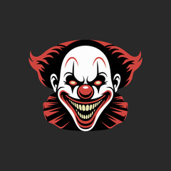menacing dark horror themed clown face logo with glowing red eyes and big red nose