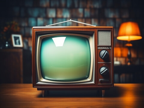 Retro television set with a carefully framed screen and symmetrically arranged knobs