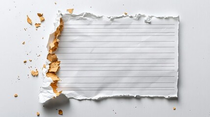 Damaged piece of lined paper, marked with tears and crumples, gritty artistic style