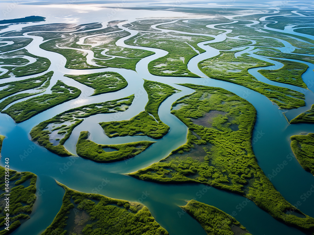 Poster river delta with fresh vegetation colonizing as sediment patterns form under tidal influence
