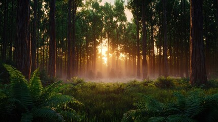 Obraz premium Golden Sunlight Piercing Misty Forest