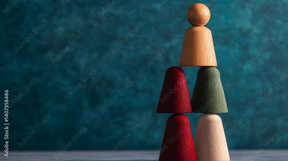 Poster conceptual wooden sculpture representing professional networking and team hierarchy
