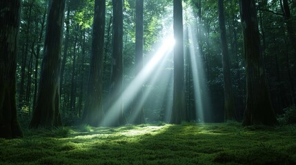 Obraz premium Sunlight beams through mossy forest floor