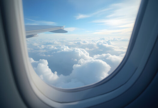 Sky-High Perspective from Airplane Window – Aerial Travel View Through Porthole - Powered by Adobe