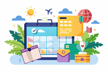 Vector design of a vacation itinerary planner with calendar, tickets, and maps