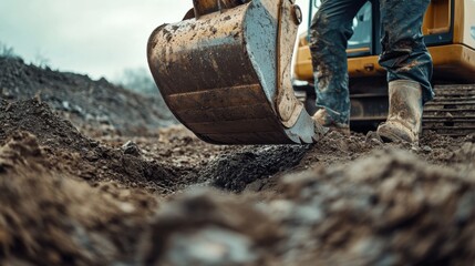 Excavator operator digging a trench for utility lines at a construction site. Featuring skill and focus