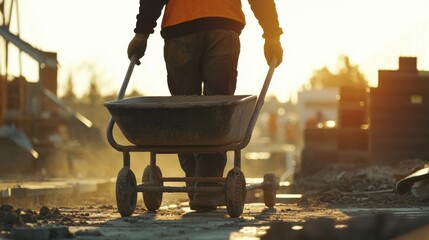 Construction laborer moving materials with a wheelbarrow. Featuring hard work and efficiency